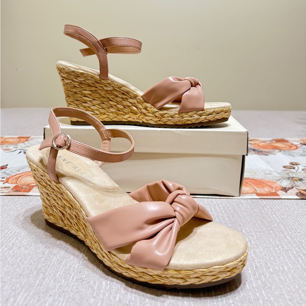 Anne Klein Wheatley Ankle Strap Espadrille Wedge Nude Sandals